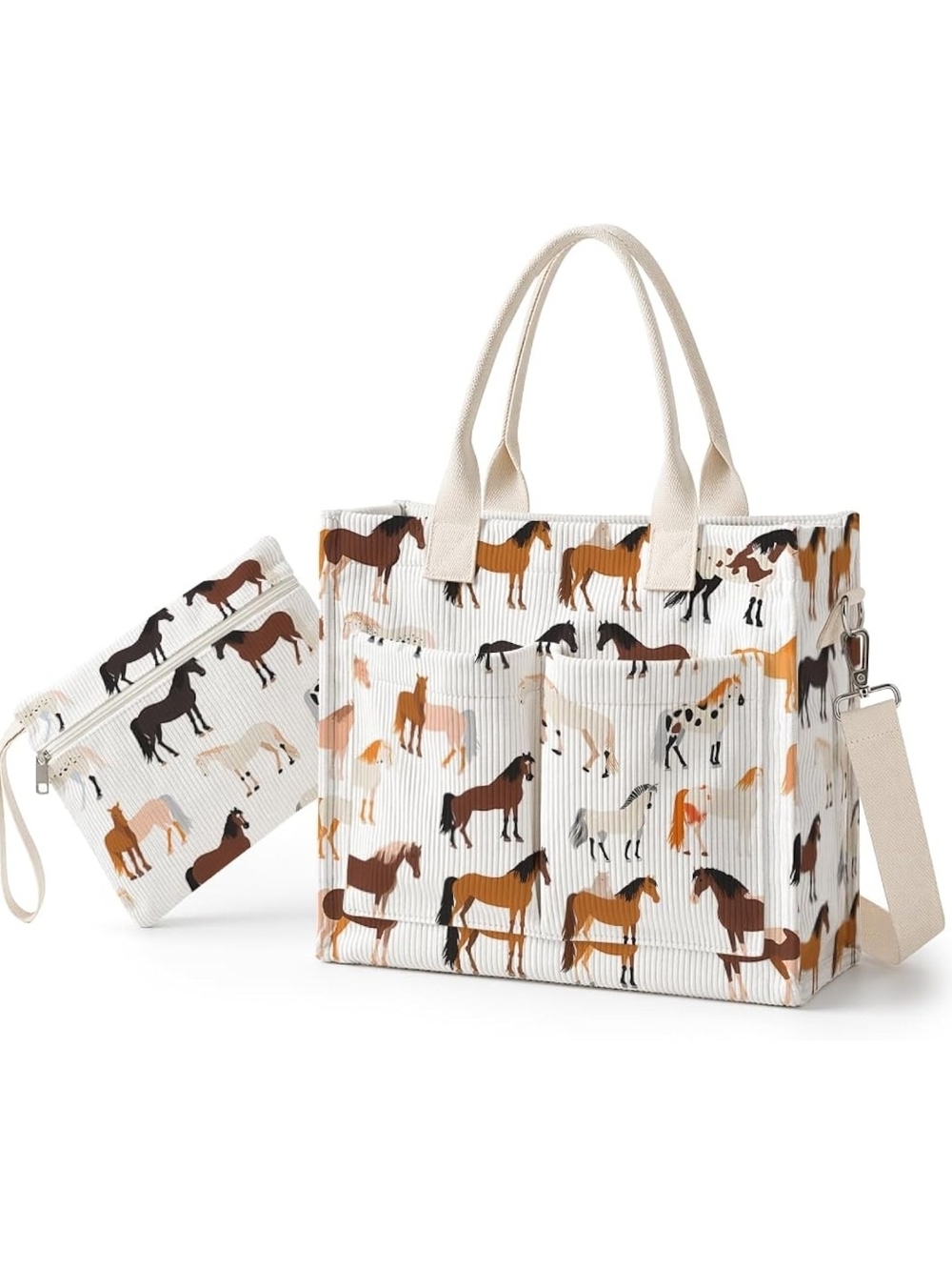 Horse Print Canvas Tote Bag in Cream and Brown